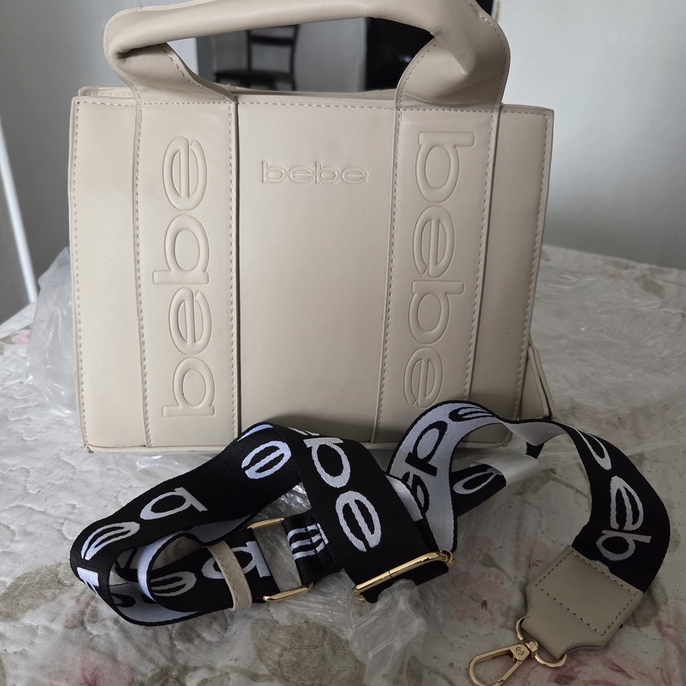 bebe Cream Logo-Embossed Satchel with Detachable Logo Strap